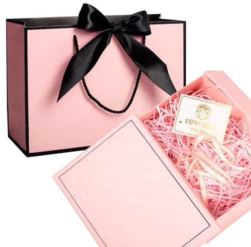 Medium Gift Box for Presents, Pink Gift Boxes with Lids, Luxury Gifts Box Set Include Ribbon Gifts Bag, Greeting Card, Tissue Paper and Raffia Filler, Foldable Present Boxes for Men Women