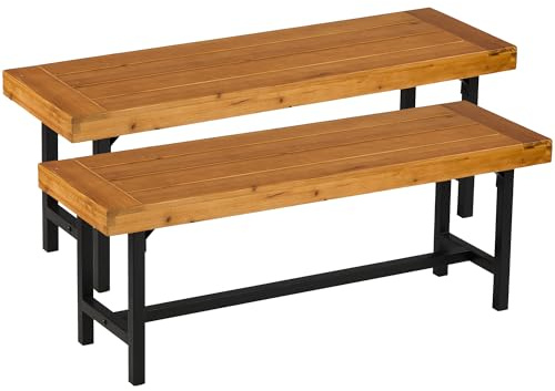 Mingone Gartenbank Wetterfest Holzbank für 2 Personen 2 Sitzer Bank Holz für Balkon Garten Terrasse Parkbank aus Massivholz Metall Schwarz,2er Set