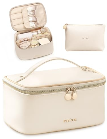 Prite Trousse de Maquillage Femme avec Support à Pinceaux, Beige, 2Pcs Set | Trousse de Toilette, Vanity Case, Voyage, Multi-Compartiments, Séparateur Amovible, Poignée Solide, Hydrofuge, Cuir Vegan