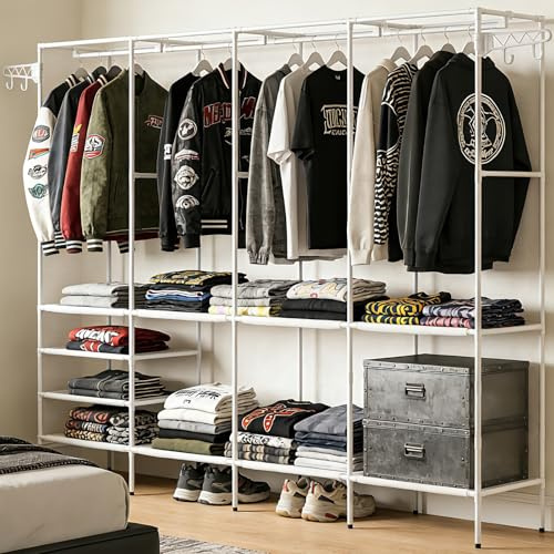 Soontrans Kleiderschrank mit Viel Stauraum, Offener Kleiderschrank mit 10 Fächern und 2 Haken, Stabiler Stoffschrank, Ideal für Schlafzimmer, Wohnzimmer und Ankleide, 215×36×170 cm, Weiß