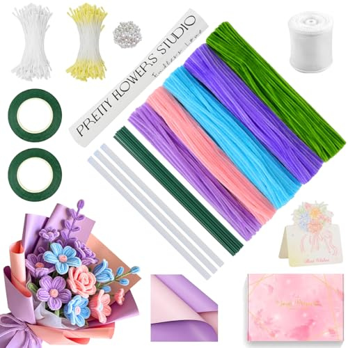 TOYTOPIE 400 Piezas Limpiapipas Manualidades, Kit Limpiapipas Flores Rosa Lila Azul con Alambres Verdes, Tarjeta, Set Manualidades Flexible Ramos Tulipanes DIY, Idea Regalo para Mamá Esposa