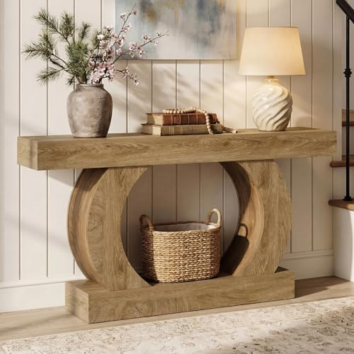 Tribesigns 59 Farmhouse Console Table, Rustic Slim Sofa Table for Behind Couch with Circular Base & Lower Shelf, Space Saving Entryway Table for Hallway, Living Room, Foyer – Oak