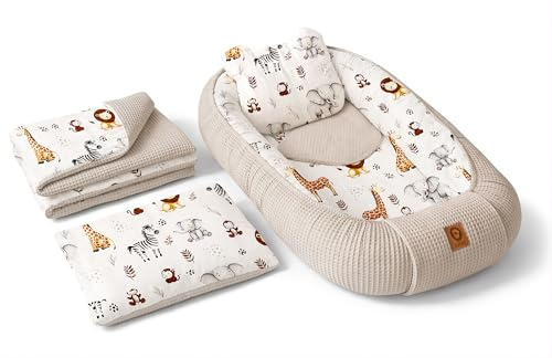 Babynest Nestchen Baby Set für Neugeborene – 5-teilig – Kuschelnest aus 100% Baumwolle & Waffelpique – Babykokon tragbar – für Babybett, Kinderbett & Kinderwagen – OEKO-TEX - ZOO und Sand