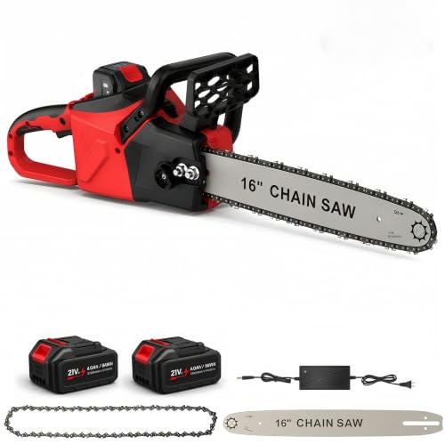 Tronconneuse Electrique 2000W, Tronconneuse a Batterie san fil, 2 Batteries, Guide de 40 cm, Vitesse de Chaîne de 18 m/s, Equipé d'une Lubrification Automatique de la Chaîne et d'un Indicate (Rouge)
