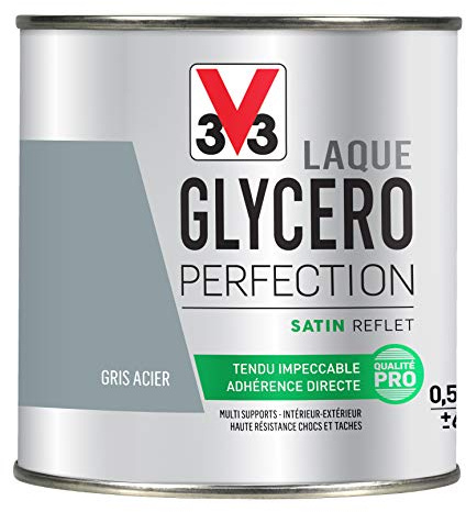 V33 Peinture multi-supports monocouche Laque Glycéro satin, Gris acier 0,5L | Tendu impeccable, Adhérence directe, Multi-supports, Intérieur-Extérieur, Haute résistance taches et chocs