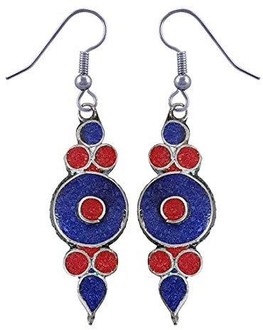 Handgefertigter Tropfen Ohrringe für Damen, Koralle Lapislazuli Edelstein Ohrhänger, Ethnisch Designer Versilberte Mode Schmuck für Geschenke, Drop Earrings