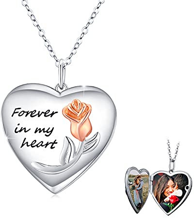 CUOKA MIRACLE Herz Medaillon Kette 925 Sterling Silber Foto Anhänger Amulett Kette Rose Blume Foto Medaillon Halskette Foto Bilder Amulett Valentinstag Muttertags Geschenke für Damen/Mutter/Tochter