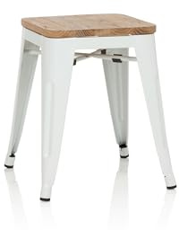 hjh OFFICE 645042 pall låg VANTAGGIO W metall/trä vit sittpall i industriell design med träsits, stapelbar