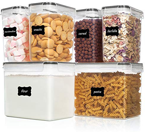 Vtopmart Airtight Food Storage Containers 6 Pieces - Plastic BPA Free Kitchen Pantry Storage Containers for Sugar,Flour and Baking Supplies - Dishwasher Safe - Include 24 Labels, Black