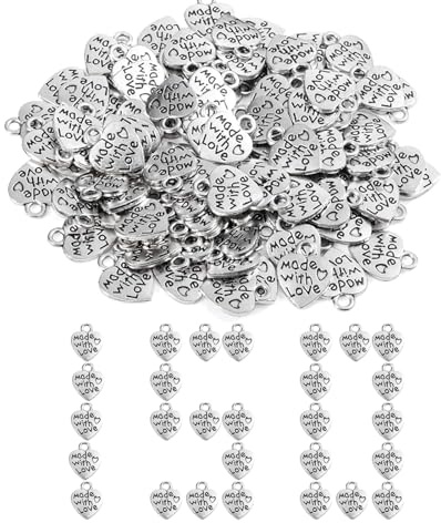 Guanici Mini Herz Anhänger Made with Love - Antike Handmade Knöpfe Metall Label Charm - Silbern für DIY Handwerk Schmuck Herstellung Zubehör