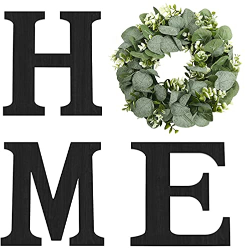 Pinkpum Wood Home Sign with Artificial Eucalyptus Wreath for O, Hanging Farmhouse Wall House Decor Wood Letters for Wall Art Rustic Home Decor, Wall Decor for Living Room Kitchen Entryway (Black)