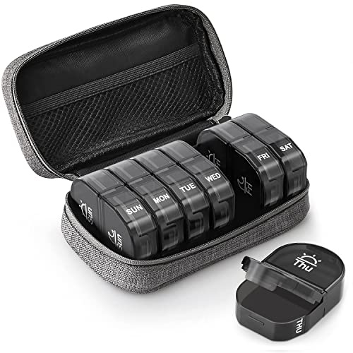 AUVON Canvas Bag Travel Pill Organizer 2 Times a Day, Large AM/PM Weekly Pill Box 7 Day Pill Case with Portable Gray Zipper Cloth Bag for Holding Supplements, Vitamins and Fish Oils