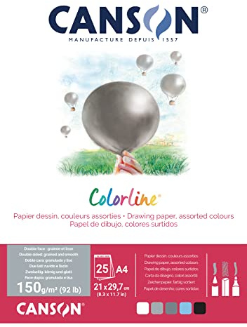 CANSON Colorline, Farbiges Zeichenpapier, Zweiseitig: gekörnt und glatt, 150gsm, 92lb, An der kurzen Seite geleimter Block, A4-21x29,7cm, 5 verschiedene Farbtöne, 25 Blatt - C31074P004