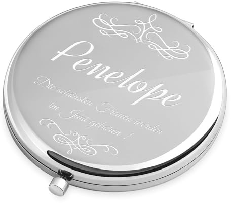 Maverton Kompaktspiegel mit Gravur - Spiegel rund - Silber - Doppelspiegel mit Vergrößerung - Reisespiegel für Handtaschen - Geschenke für Frauen