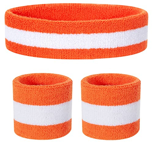 ONUPGO Barn svettband pannband armband set – atletisk bomull svettband för sport (1 pannband + 2 armband) (orange/vit/orange)