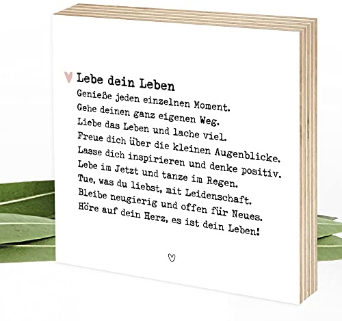 Wunderpixel® Holzbild Lebe Dein Leben - 15x15x2cm zum Hinstellen/Aufhängen, echter Fotodruck mit Spruch auf Holz - schwarz-weißes Wand-Bild Aufsteller Zuhause Dekoration Geschenk-Idee Achtsamkeit