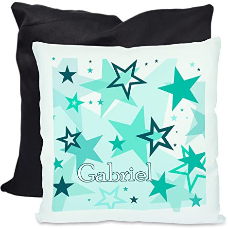 CreaDesign, Kinder Kissen 40x40 cm personalisiert mit Namen, Kinderzimmer Deko Kissen Kinder mit Füllung Federn, Motiv Sterne türkis, Rückenfarbe Schwarz