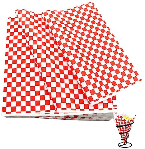 Deli Papierblätter, 100 Blatt Pommes Papier für Korb, Umweltfreundliches Backpapier, Wrap Papier für Burger, Nicht Klebrig Brotpapier für Lebensmittel Käse Sandwich Burger Pommes(28x26cm, Rot)