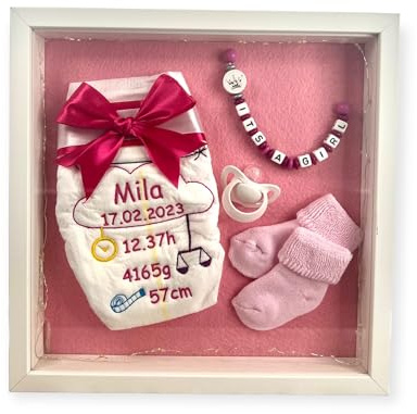 Bestickte Windel mit Name und Geburtsdaten im Bilderrahmen, Geschenk zur Geburt (rosa)