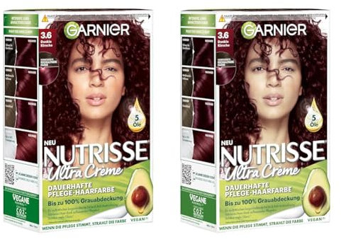 Garnier Nutrisse Dauerhafte Pflege-Haarfarbe mit nährenden Fruchtölen, Coloration mit 8 Wochen Halt, Ultra Crème Tönung, 036 Black Cherry (Packung mit 2)