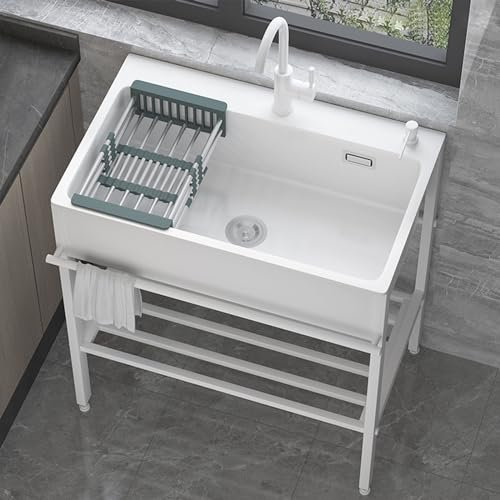 Fregadero Cocina 1 Seno,fregadero Cocina Con Grifo De Agua Fría Y Caliente, Fregadero Negro De Acero Inoxidable Con Accesorios Para Fregadero，fregadero Cocina 1 Seno Con Escurridor (Color : White, S