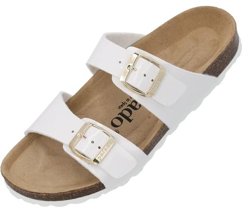 Palado Pantoletten Damen Samos - elegante Sandalen Made in Spain - bequeme Hausschuhe mit dämpfendem Kork-Fußbett - modische Sommerschuhe Lack Weiß/Gold UK8 - EU41