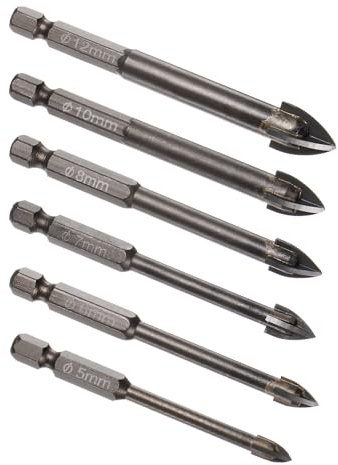 Kozelo 6pcs Masonry Drill Bit Set - [ 5mm to 12mm ] Concrete Drill Bit Set for Brick/Glass/Plastic/Ceramic Tile Use, 1/4 Hex Shank, Carbide Tipped, High Speed Steel