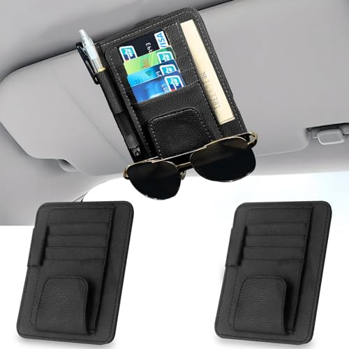 Modixun 2Pcs Auto Sonnenblende Organizer, Slim Leder Sonnenbrille Halter für Auto, Auto Dokument Halter für Karte, Sonnenbrille, Versicherung, Registrierung, Stift, Quittung, Schwarz
