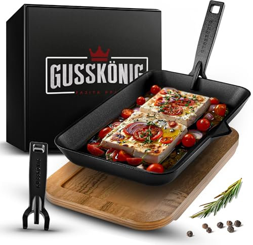 Gusskönig Fajita-Pfanne aus Gusseisen inkl. Soßenschale & Servierbrett aus Akazienholz - Gusseisen Grillpfanne mit abnhembaren Griff - eingebrannter Grillpfanne Gusseisen