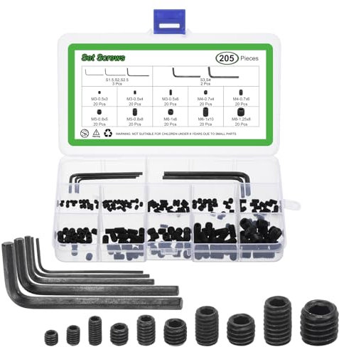 sourcing map Socket Set Grub Screws, 200PCS M3/M4/M5/M6/M8 Metric - Carbon Steel Hex Socket Cup Point Allen Screws with Hex Wrenches for Repairing Door Handles, Faucet (Black)