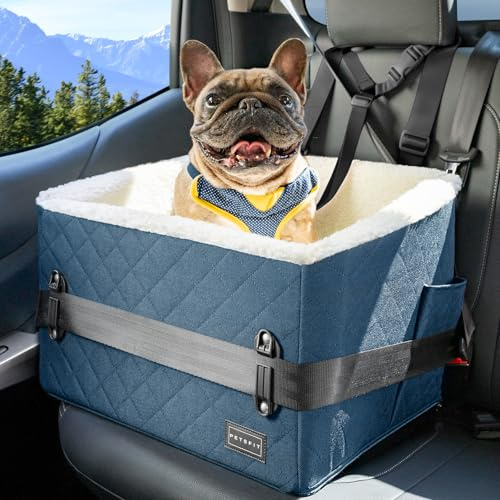 PETSFIT Hunde Autositz erhöht 12.5cm, Hundesitz Auto Rückbank mit Sicherheitspatent, Hundeautositz mit abnehmbarem Plüschbezug, Hundekorb Auto für kleine Hunde bis 12kg, Beifahrersitz & Rückbank