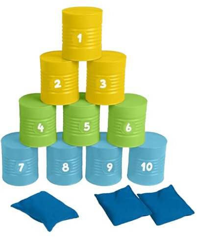 alldoro 60069 Dosenwerfen, Dosen-Wurfspiel, 10 nummerierte Kunststoff-Dosen & 3 Wurfsäckchen, für Kindergeburtstag & Party