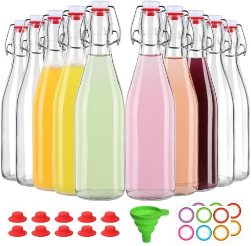 Miukada 16 oz 10 Pack Swing Top Glass Bottles, Flip Top Brewing Bottle with Airtight Stopper Lids for Fermentation, Soda, Kombucha, Juice, Kefir, Wine