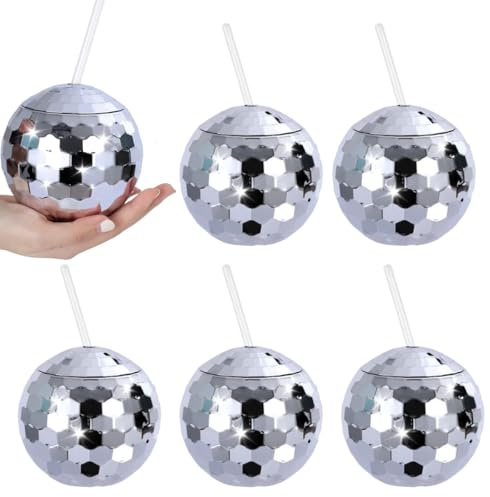 MEKLITRZ 6 Pieces Disco Wine Cups Disco Flash Ball Cocktail Cup with Lid and Straw Party Supplies Wine Cocktail Glass Drinking Syrup Tea Bottle for Nightclub Club Bar Party