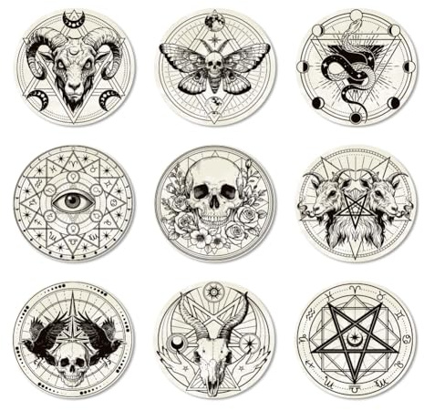 ANATTASOUL Untersetzer Holz Rund, 9 Stück Satanischer Ziegenschädel Holzuntersetzer Wiederverwendbare Untersetzer Gläser, Tasse Coaster Mat für Zuhause Büro und Bar Tischdeko Sommer