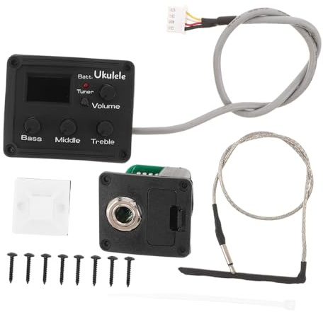 Ukulelen Tonabnehmer mit Lcd Display, 4-band Equalizer | Akustischer Vorverstärker mit Piezo Kontaktmikrofon, Schwarz, Kunststoff und Metall, für Studioaufnahmen und Bühnen