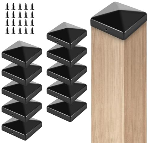 Pfostenkappen, 10 Stück Zaunpfahlkappe, Pfostenkappe, 10x10cm Zaun Pfosten Kappen, Zaunpfostenaufsätze, Pfostenkappe Schwarz mit 20pcs Schrauben für Holzpfostenzäune und Terrassenpfosten (Eisen)