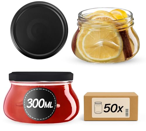 KADAX Lot de 50 bocaux en verre 300ml Ø82 – Couvercle Twist-Off hermétique TO82 – Pour confitures, conserves, cornichons, miel & fermentation