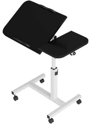 TechDealsUK Verstellbarer Überbetttisch mit Rollen - Neigbar & Höhenverstellbarer Laptop-Schreibtisch, Mehrzweck-Nachttisch zum Lesen, Arbeiten & Mahlzeiten - Schwarze Tischplatte mit weißem Rahmen