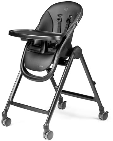PEG Living Hochstuhl ab Geburt, Zeitgemäßes Design, Liegefunktion, Höhenverstellbar, Doppelttablett, 4 Räder 360°, Kompakte Faltung, 0–3 Jahre (0–15 kg), True Black
