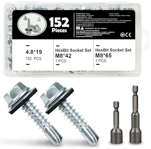 152 Stück Trapezblechschrauben | inkl. 4.8*19mm Spenglerschrauben mit Dichtscheibe, Schrauben für Dachblech, bestückt mit 2 Bits