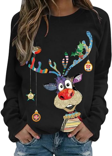Weihnachtspullover Damen Weihnachtspullover Damen Lustige Weihnachten Ugly Sweatshirt Baumwolle Pulli Basic Rundhals Hirschkopf Muster Weihnachtskostüm
