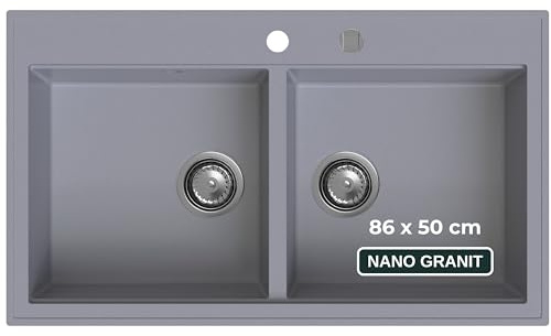 SINK QUALITY Évier double en granit, gris, 86 x 50 cm, pour meuble bas à partir de 85 cm, avec siphon et agent d'imprégnation, 2 bacs, pour meuble bas à partir de 85 cm