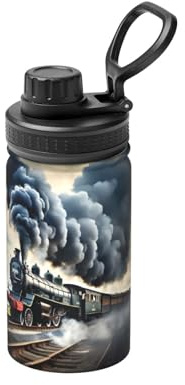 Bouteille d'eau isotherme à double paroi en acier inoxydable pour boissons chaudes et froides - Motif train à vapeur et nuages - 355 ml