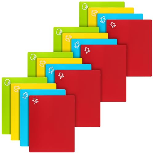 CHEUKYIU 16 Stück Schneidebrett Bunt, 38 x 30,5 cm 4 Farben Küchenbretter Set, Kunststoff Schneidebretter für Gemüse, Obst, Fleisch