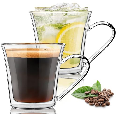 Joeyan 360ml Tazas para Cappuccino con Asa,Juego de 2,Vasos de Doble Pared de Borosilicato para Latte Macchiato,Tazas de Cafe Cristal, Casa Oficina Mug para Vino Caliente,Hielo,Té,Cerveza,Leche,Zumo