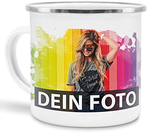 Metall-Tasse selbst gestalten/Personalisierbar mit eigenem Foto oder Text bedrucken/Fototasse/Motivtasse/Camping/Emaille - Silber