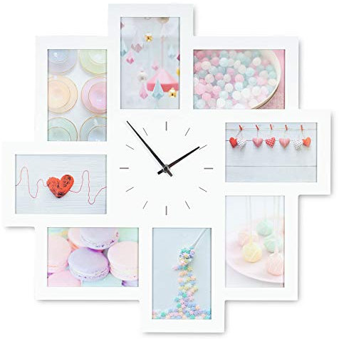 levandeo Wanduhr Weiß 52x52cm Holz Bilderrahmen 8 Fotos Bilder Fotorahmen Collage Fotouhr Uhr Fotocollage Wanddeko Deko Küchenuhr