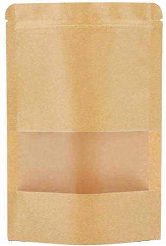 50Pcs Resealable Kraft Paper Stand Up Pouches with Window - 3.5 x 5.5 Small Food Storage Bags with Zip Lock - Heat Sealable Brown Paper Bags for Coffee Beans, Snacks, Candy, Seeds