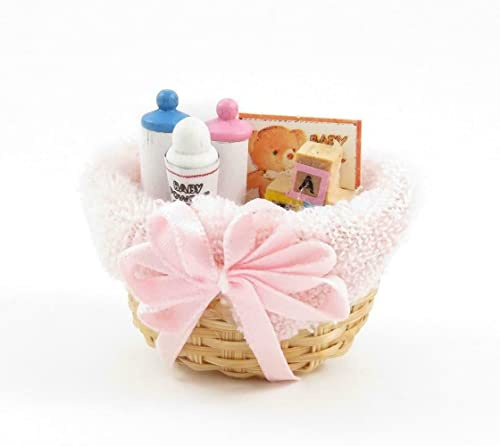 Melody Jane Dolls House Baby Products in Wicker Basket Pink Miniature 1:12 Nursery Accessory